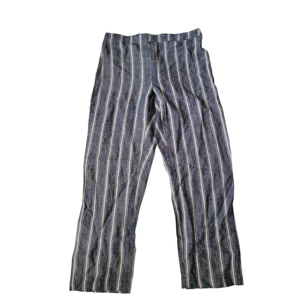 Chicos Pants Womens Medium‎ Linen Blue White Pull On Elastic Waist